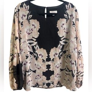 Calvin Klein Black, Cream, Pink Floral Blouse, sheer and lined, XL
